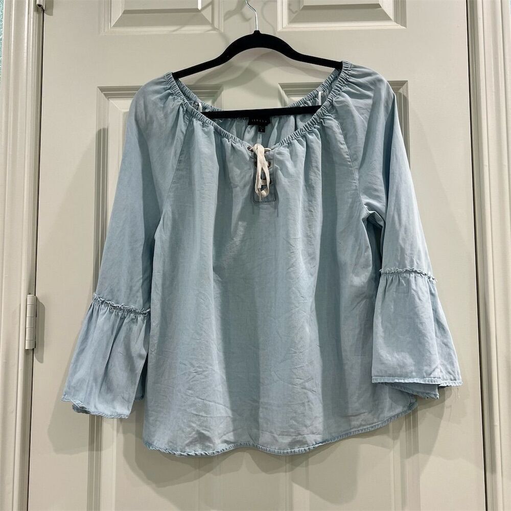 Sanctuary Women's Blue Off Shoulder Bell Sleeve Blouse Size L